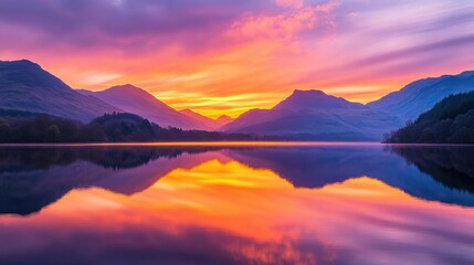 Obraz premium Breathtaking sunset over a tranquil mountain lake reflecting vibrant colors in the sky at dusk