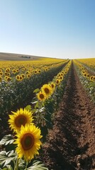 Obraz premium Bright sunflowers stretch across expansive fields on a sunny day in summer, showcasing nature's vibrant beauty