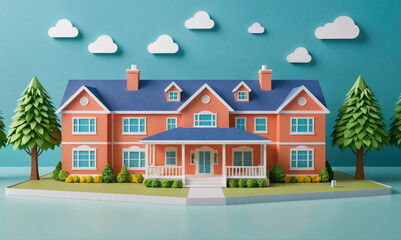A papercraft model of a large, two-story house with a wraparound porch sits on a blue background with paper clouds and trees