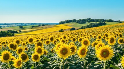 Fototapeta premium A vibrant sunflower field in full bloom under a clear blue sky, showcasing nature’s beauty during the summer season
