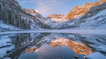 Fototapeta premium Serene morning light illuminates snowy peaks reflecting on a tranquil lake in winter