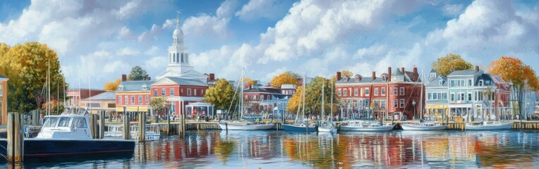 A charming view of Annapolis harbor with sailboats and historic buildings by the water in autumn