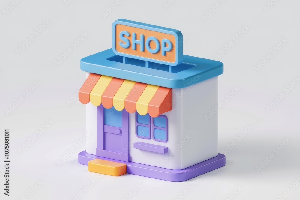 Poster a colorful 3d model of a shop with a sign and awning.
