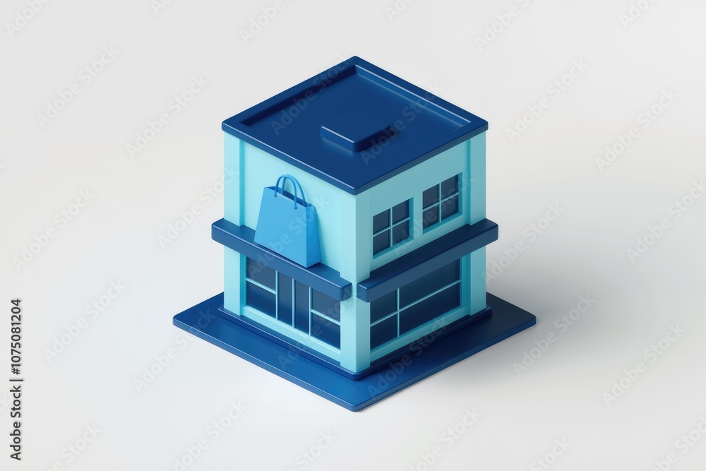 Poster a 3d rendering of a blue and light blue storefront with a shopping bag hanging above the entrance.