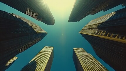 A low-angle photograph of tall buildings the sky