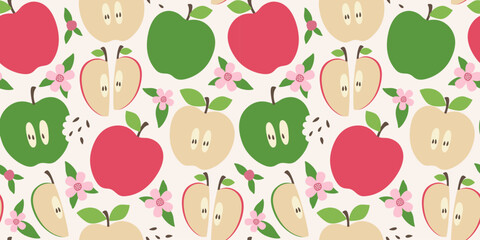 Fruit seamless pattern with apple and flowers in flat design. Simple vector illustration.