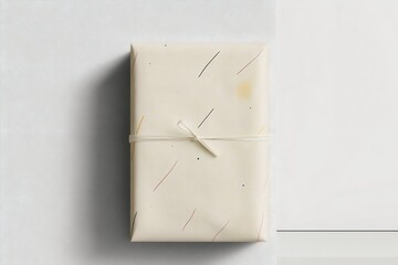 Gift box wrapped in minimalistic, abstract-patterned paper with delicate colored lines and tied with a thin white cord, creating a modern and understated aesthetic