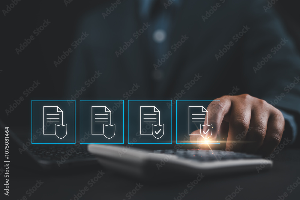 Poster Businessman checking the steps through document with a list of checkboxes , regulations,Concepts of practices and policies ,Rules and policies ,Terms and conditions ,corporate governance documents