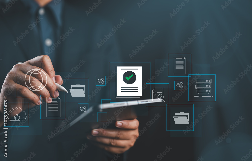 Poster Accountant showing office document auditing concept ,plan review process and assess correctness ,Management of important document storage of organization ,document system ,accountant Audit documents
