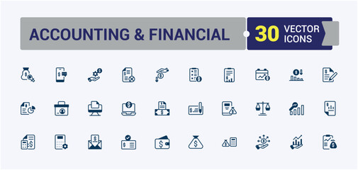 Accounting And Financial line and solid icon collections. Contains such icons as financial, accounting, payment, management, deposit, investment and more. Minimal linear icons.