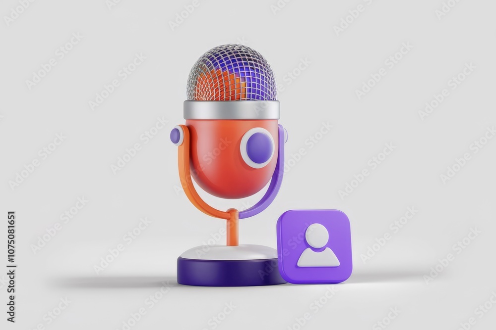Poster 3D rendering of a colorful microphone with a user icon