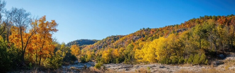 Fototapeta premium Autumn foliage paints the Ozark Mountains with vibrant colors under a clear blue sky in mid-afternoon light