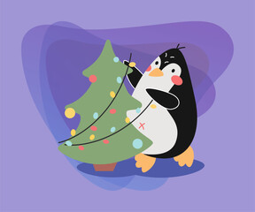 Cute penguin cartoon character decorating Christmas tree vector illustration. Funny comic bird celebrating of winter holidays: Christmas, New Year. Winter activities concept