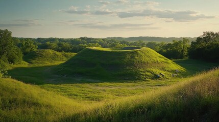 Explore the majestic Cahokia Mounds at sunset, showcasing ancient earthworks in a serene, natural landscape
