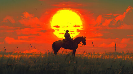 Illustration of Cowboy on Horseback at Sunset