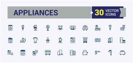 Set of Appliances line and solid icons. Includes thin line oven, cleaner, home, appliance, television and more. Collection for mobile and web apps. Editable vector stroke.
