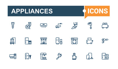 Appliances line icon collections. Includes icons for system, maker, device, 1wash, washing, extractor, hair and more. Pixel perfect. Editable vector illustration.