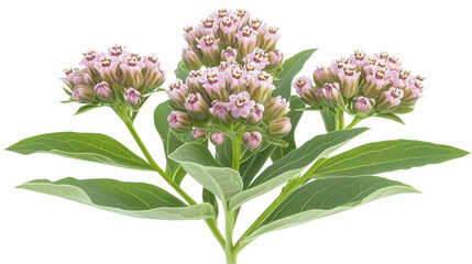 Purple milkweed cluster, vibrant green leaves, pale lavender flowers, botanical illustration, elegant composition Isolated on white background or PNG