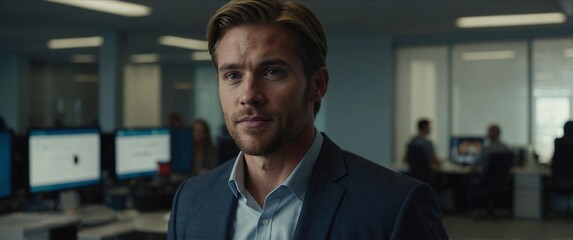 Fototapeta premium Photo of 30 years old american man on cinematic blurry office background, corporate businessman