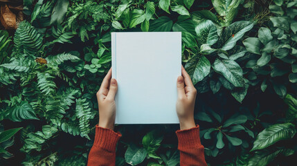 Woman Holding Blank White Book Against Lush Greenery Background, Ideal for Displaying Book Cover Designs and Mockup Presentations