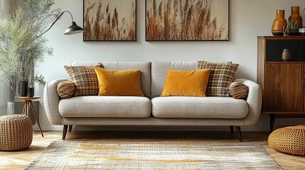 Modern Living Room with Gray Sofa, Yellow Pillows, and Wooden Cabinet