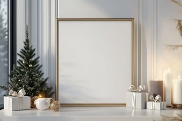 A minimalist holiday scene featuring a blank frame, gifts, candles, and a small tree.