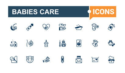 Babies Care icon set. Contains such icons as baby essentials, bath time, baby bath, girl, rocking and more. Vector illustration in modern line style.