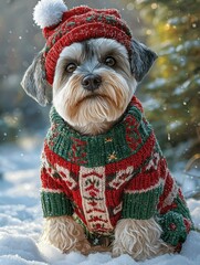 Scene featuring a giantschnauzer dog sitting on snow, dressed in a cozy red and green holiday sweater and a festive pom-pom hat.