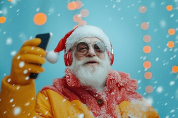 Funny Senior man in santa claus clothes and headphones is dancing to music played on his phone