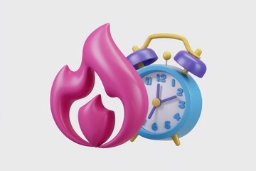 Obraz premium Pink fire icon next to a blue alarm clock.