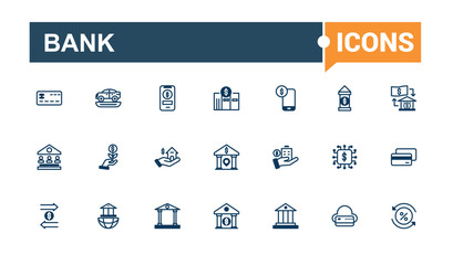 Bank thin line icon set. Featuring dollar, growth, currency, safe, finance and more. Outline icon collections. Editable vector stroke.