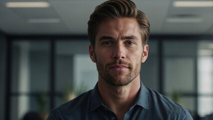Fototapeta premium Photo of 30 years old american man on cinematic blurry office background, corporate businessman