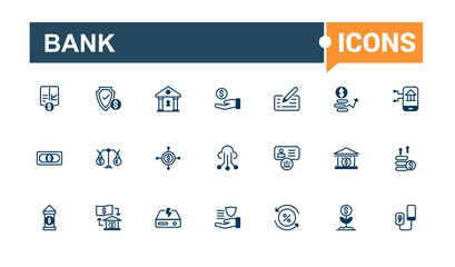 Bank thin line icon set. Featuring dollar, growth, currency, safe, finance and more. Outline icon collections. Editable vector stroke.