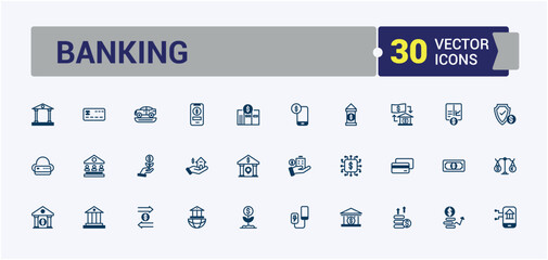 Bank icons set in line style. Contains such icons as credit, bank, business, chart, loan and more. Minimal linear icons. Vector icons editable stroke.