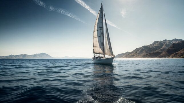 deportes acuaticos. navegacion, embarcacion de vela en navegando con el sol brillante y el agua en calma