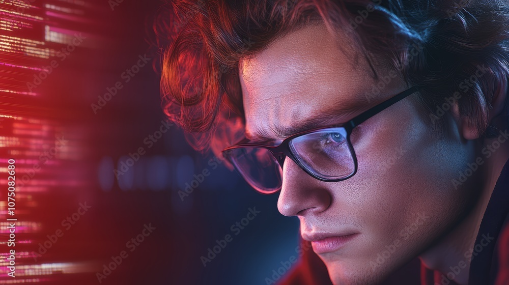 Poster focused man with glasses working on computer, enhancing productivity and navigating the digital work