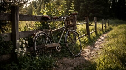 Fototapeta premium antique touring bike leaning against a wooden boardwalk next to a nature trail