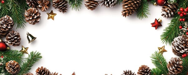 Festive holiday border with pinecones, stars, and ornaments on a blank background.