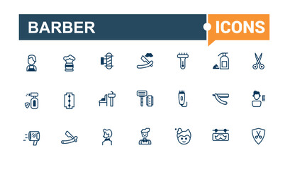 Barber icon pack. Containing hairbrush, comb, graphic, hand, foam, chair, salon, hipster. Minimalist thin linear icon. Vector icons editable stroke.