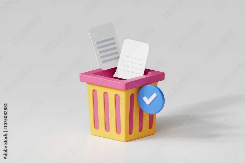 Aufkleber A 3D rendering of a trash can with papers inside and a checkmark.