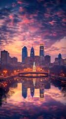 Fototapeta premium Stunning Philadelphia skyline at sunset reflecting on the water with vibrant clouds and city lights illuminating the historic architecture