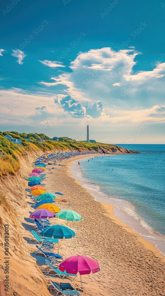 Poster a breathtaking view of coastal cliffs and colorful umbrellas along the beach in provincetown during 