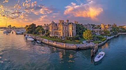 A breathtaking view of the historic seaside mansion at sunset with boats moored in the marina and vibrant clouds above