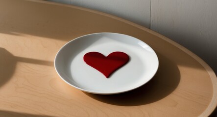White plate with a red heart shape on wooden table.