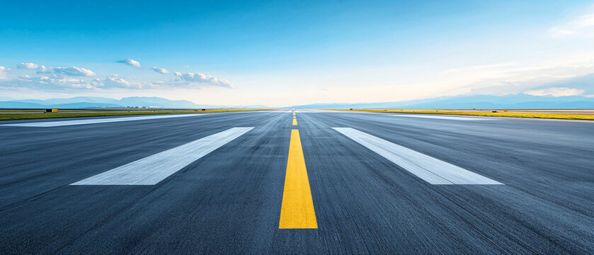 clear aerodrome runway with safety markings and bright skies