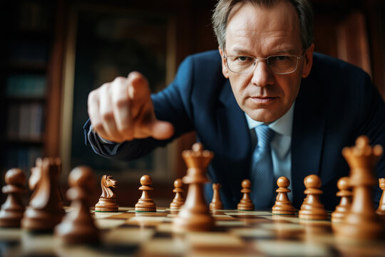 Thoughtful Businessman Engaged in Chess Game, Strategizing Moves with Intense Focus and Determination in Elegant Office Setting