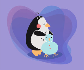 Cute penguin cartoon character vector illustration. Funny comic bird with toy, celebration of winter holidays: Christmas, New Year on purple background. Winter activities concept