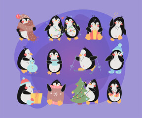 Cute penguin cartoon character vector illustrations set. Funny comic bird in hat and scarf, celebration of winter holidays: Christmas, New Year isolated on white background. Winter activities concept