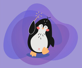 Cute penguin with sparkler vector illustration. Funny comic cartoon character, celebration of winter holidays: Christmas, New Year on purple background. Winter activities concept
