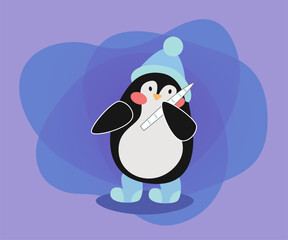Cute penguin in warm clothes vector illustration. Funny comic cartoon character  in hat, celebration of winter holidays: Christmas, New Year. Winter activities concept